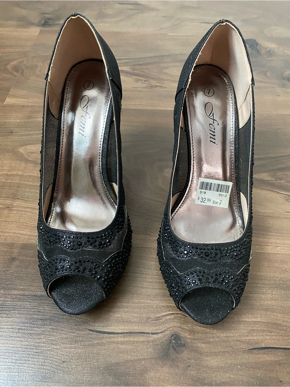 Black Peep-Toe Heels with Rhinestone Detail